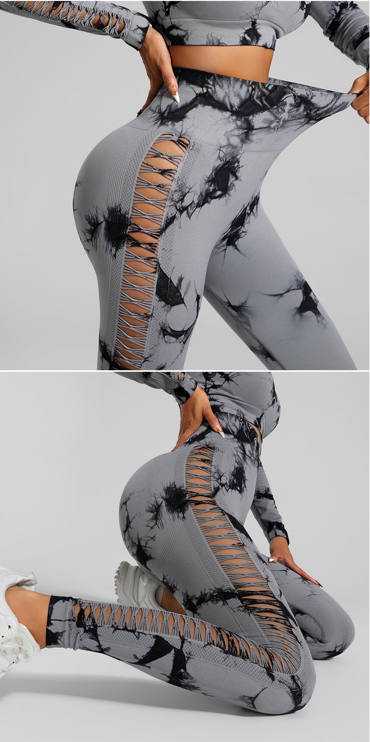 Light Gray Size M Tie-Dye Yoga Set Long Sleeve Butt Lift Leggings Seamless Workout Training Gym Clothes