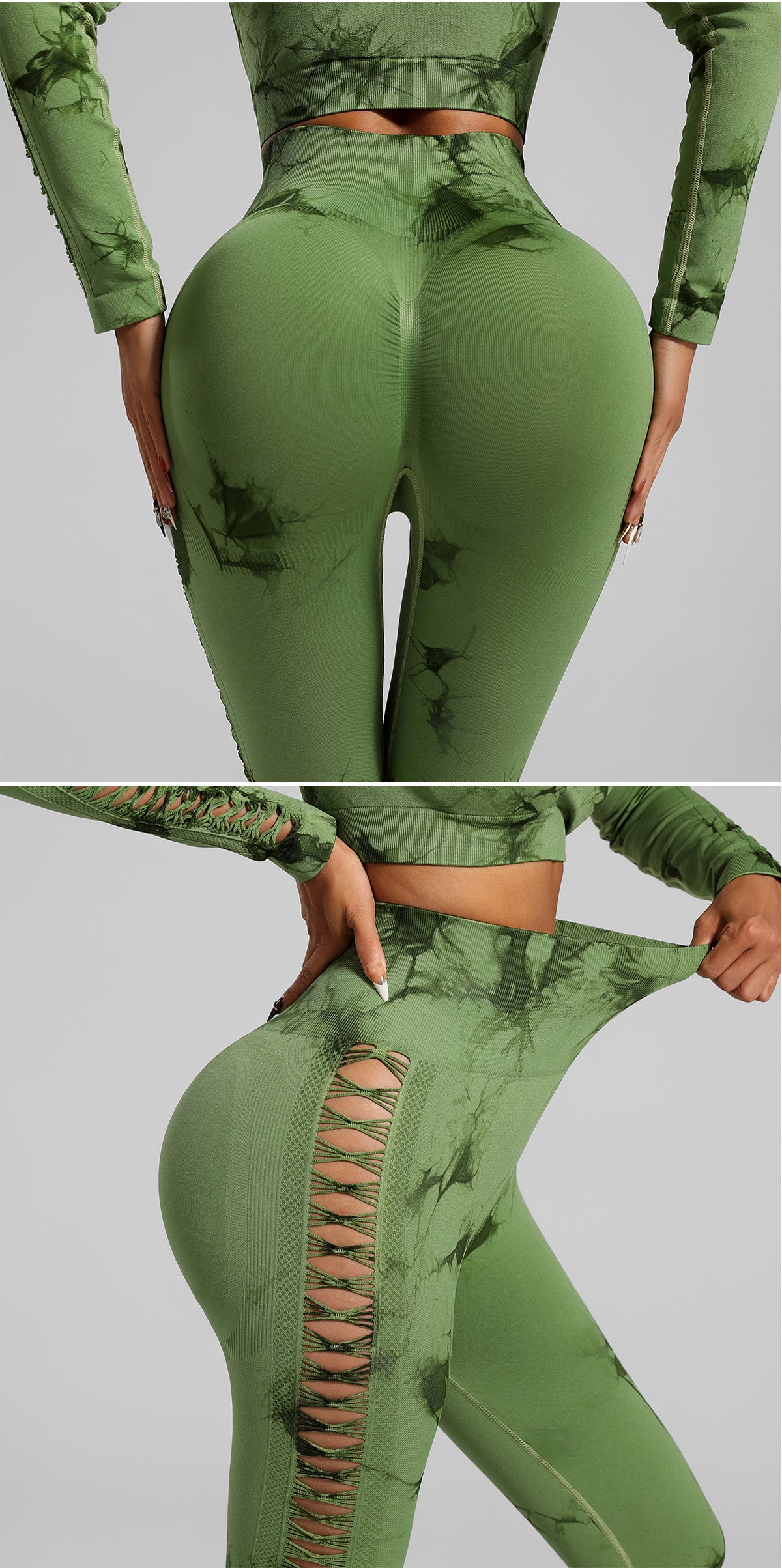 Grass Green Size L Tie-Dye Yoga Set Long Sleeve Butt Lift Leggings Seamless Workout Training Gym Clothes