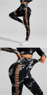 Black and Grey Tie-Dye Size M Tie-Dye Yoga Set Long Sleeve Butt Lift Leggings Seamless Workout Training Gym Clothes