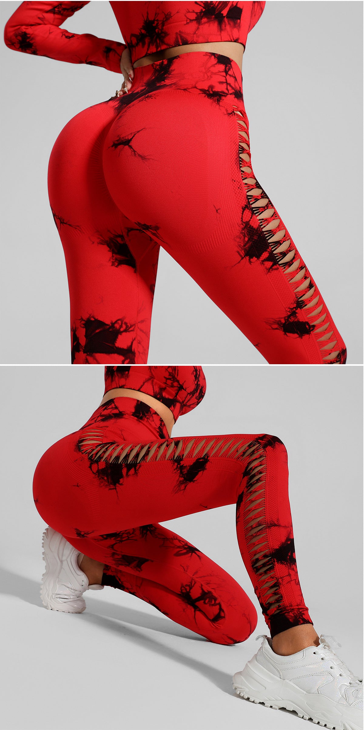 Red and Black Tie-Dye Size M Tie-Dye Yoga Set Long Sleeve Butt Lift Leggings Seamless Workout Training Gym Clothes