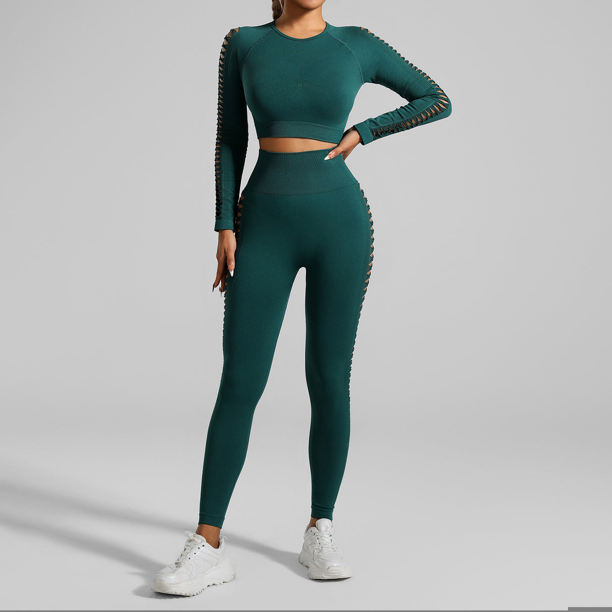 Dark Green Size S Tie-Dye Yoga Set Long Sleeve Butt Lift Leggings Seamless Workout Training Gym Clothes