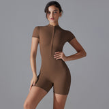 Brown Size S Women's Summer Zip-Up Bodysuit - Short Sleeve, High Stretch Yoga & Dance Outfit, Breathable Fitness Wear