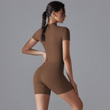 Brown Size S Women's Summer Zip-Up Bodysuit - Short Sleeve, High Stretch Yoga & Dance Outfit, Breathable Fitness Wear