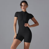 Black Size S Women's Summer Zip-Up Bodysuit - Short Sleeve, High Stretch Yoga & Dance Outfit, Breathable Fitness Wear