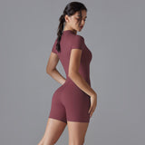 Dark Red Size L Women's Summer Zip-Up Bodysuit - Short Sleeve, High Stretch Yoga & Dance Outfit, Breathable Fitness Wear