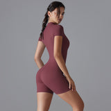 Dark Red Size XL Women's Summer Zip-Up Bodysuit - Short Sleeve, High Stretch Yoga & Dance Outfit, Breathable Fitness Wear