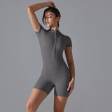 Dark Grey Size S Women's Summer Zip-Up Bodysuit - Short Sleeve, High Stretch Yoga & Dance Outfit, Breathable Fitness Wear