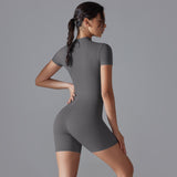 Dark Grey Size S Women's Summer Zip-Up Bodysuit - Short Sleeve, High Stretch Yoga & Dance Outfit, Breathable Fitness Wear