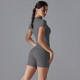 Dark Grey Size XL Women's Summer Zip-Up Bodysuit - Short Sleeve, High Stretch Yoga & Dance Outfit, Breathable Fitness Wear