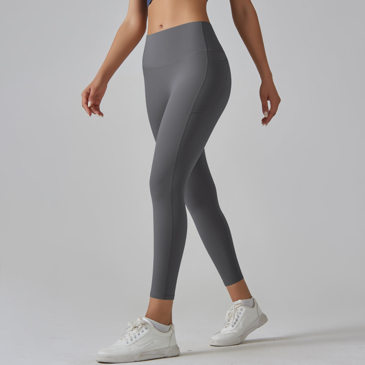 Dark Grey Size L High-Waist Seamless Yoga Pants for Women - Fitness Leggings with Pockets, Quick-Dry, Butt-Lifting, Stretchable Workout Tights