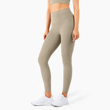 Size L Khaki High-Waisted Seamless Yoga Pants for Women - Tummy Control, Butt Lifting & Back Waistband Pocket