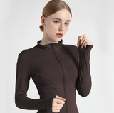 XXL Coffee Brown High-Stretch Slim Fit Yoga Jacket - Full Zip Workout Sports Jacket for Women