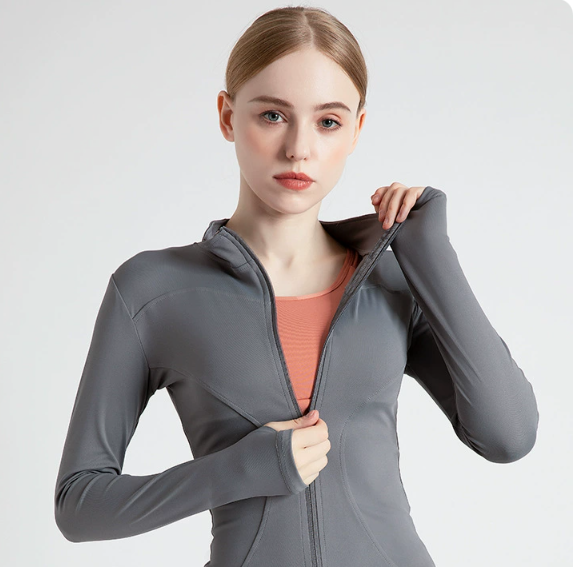 L Grey High-Stretch Slim Fit Yoga Jacket - Full Zip Workout Sports Jacket for Women