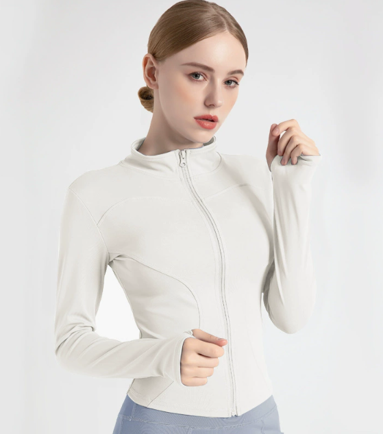 L White High-Stretch Slim Fit Yoga Jacket - Full Zip Workout Sports Jacket for Women