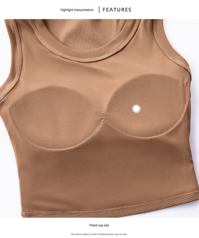 Size 10 Brown Fixed Cup Sports Bra with Cross-Back Design - Seamless Yoga Bra for Women