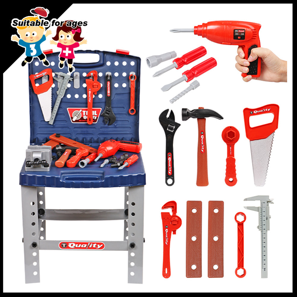 Tool Box Work Bench With Battery Operated Drill Set kids Pretend Play Toy 55pcs