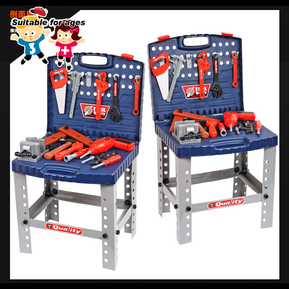 Tool Box Work Bench With Battery Operated Drill Set kids Pretend Play Toy 55pcs