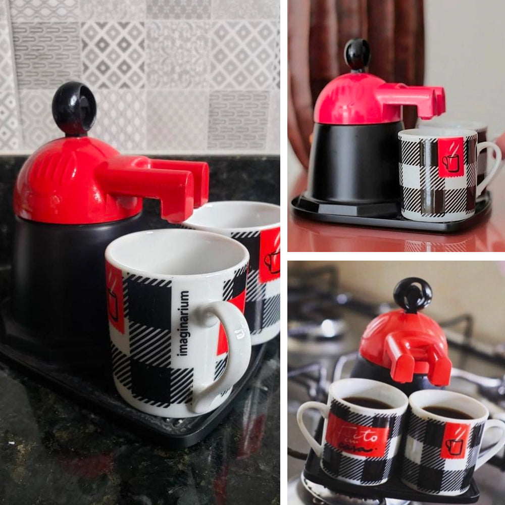 Charming Red Ceramic Mini Espresso Coffee Maker Set for Two with Checkered Cups