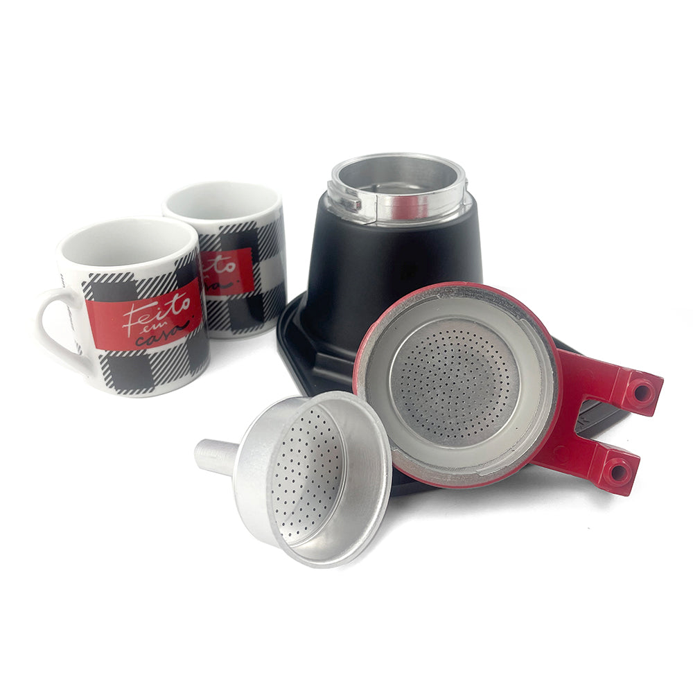 Charming Red Ceramic Mini Espresso Coffee Maker Set for Two with Checkered Cups