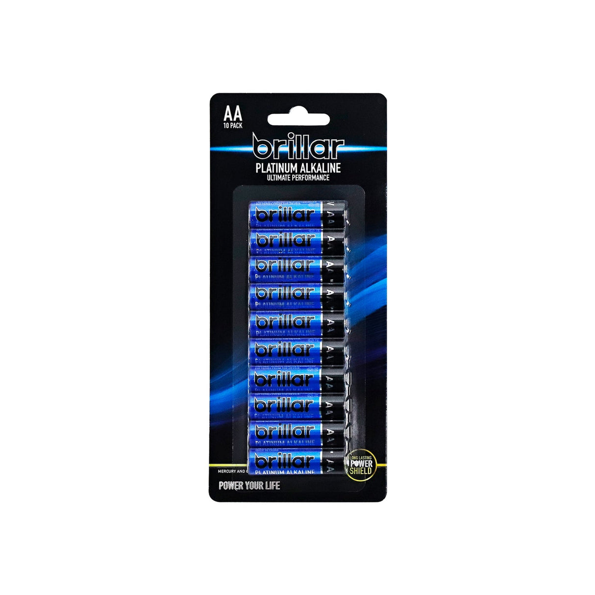 Brillar Platinum 10-Pack AA 1.5V High-Performance Alkaline Batteries with Leak-Free Power Shield Technology