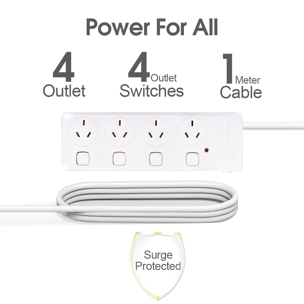 4 Outlet Power Board With Surge Protection with Individual Switches 1M Lead Cable