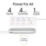 4 Outlet Power Board With Surge Protection with Individual Switches 1M Lead Cable