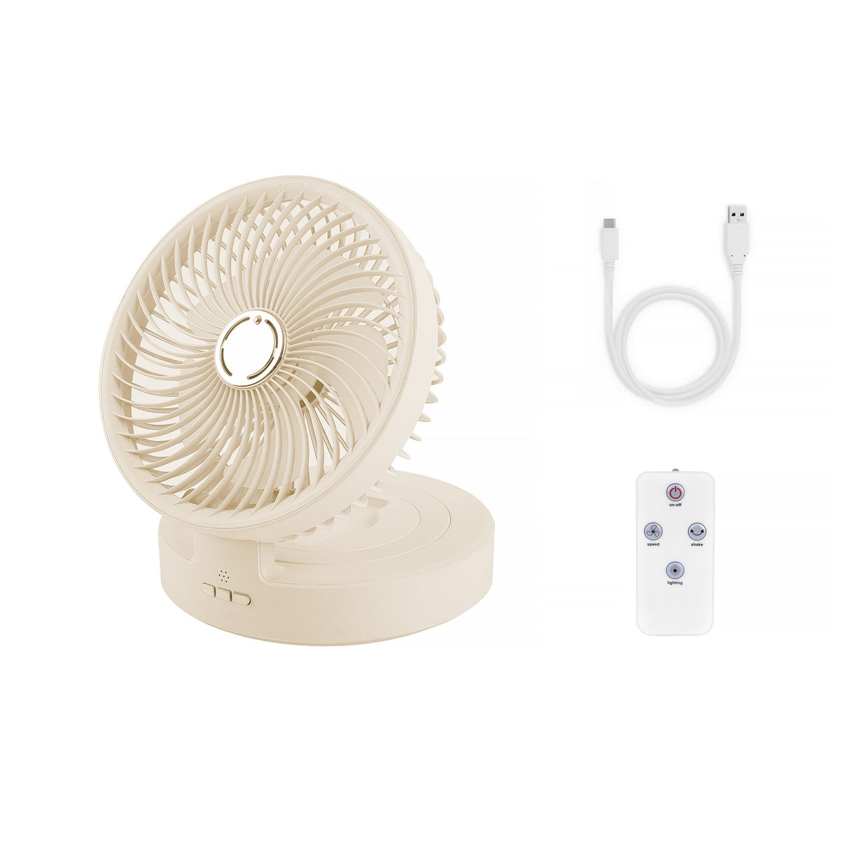 USB Rechargeable Auto Oscillation Tilt Adjustable Cordless Fan with Remote Control and Night Light Wall Mountable