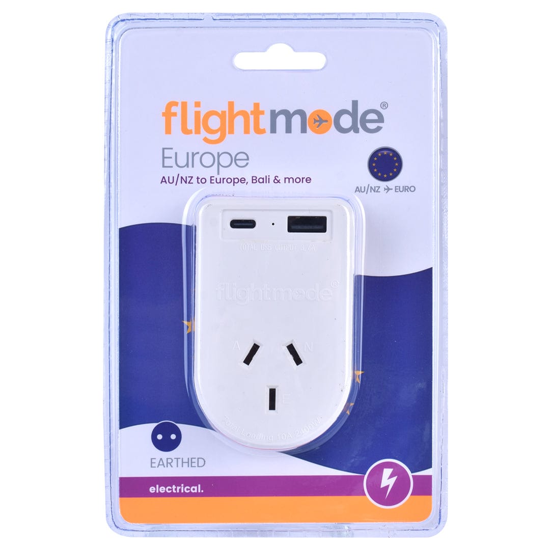 Flightmode Outbound AU/NZ to EUROPE/BALI Travel Adaptor with USB Type C & A