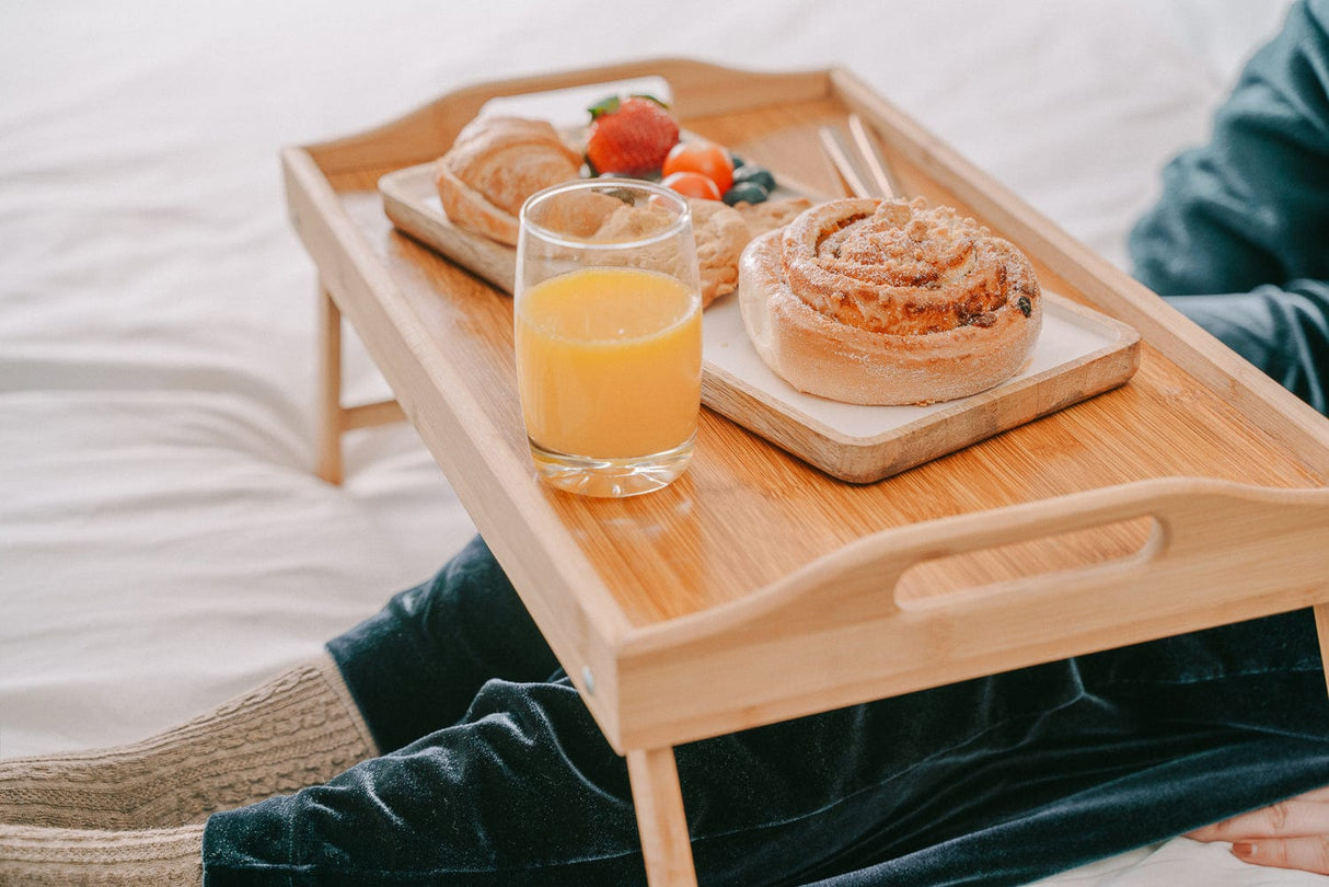 2 x Bamboo Bed Table Breakfast/Snack Serving Tray with Foldable Legs