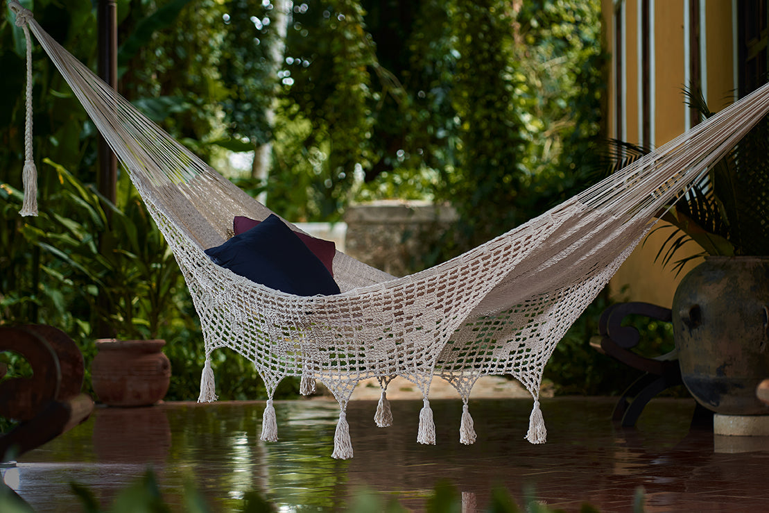 Mayan Legacy King Size Cotton Hammock with Hand-Crocheted Tassels in Marble - Perfect for Outdoor Relaxation