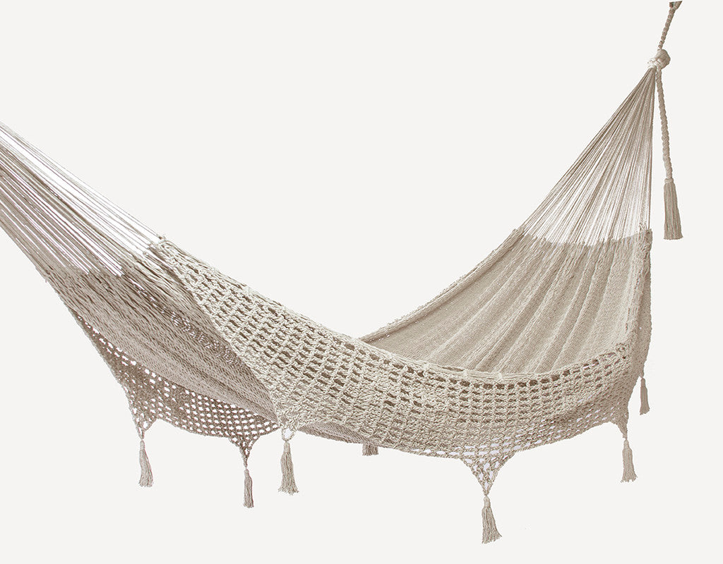 Mayan Legacy King Size Cotton Hammock with Hand-Crocheted Tassels in Marble - Perfect for Outdoor Relaxation