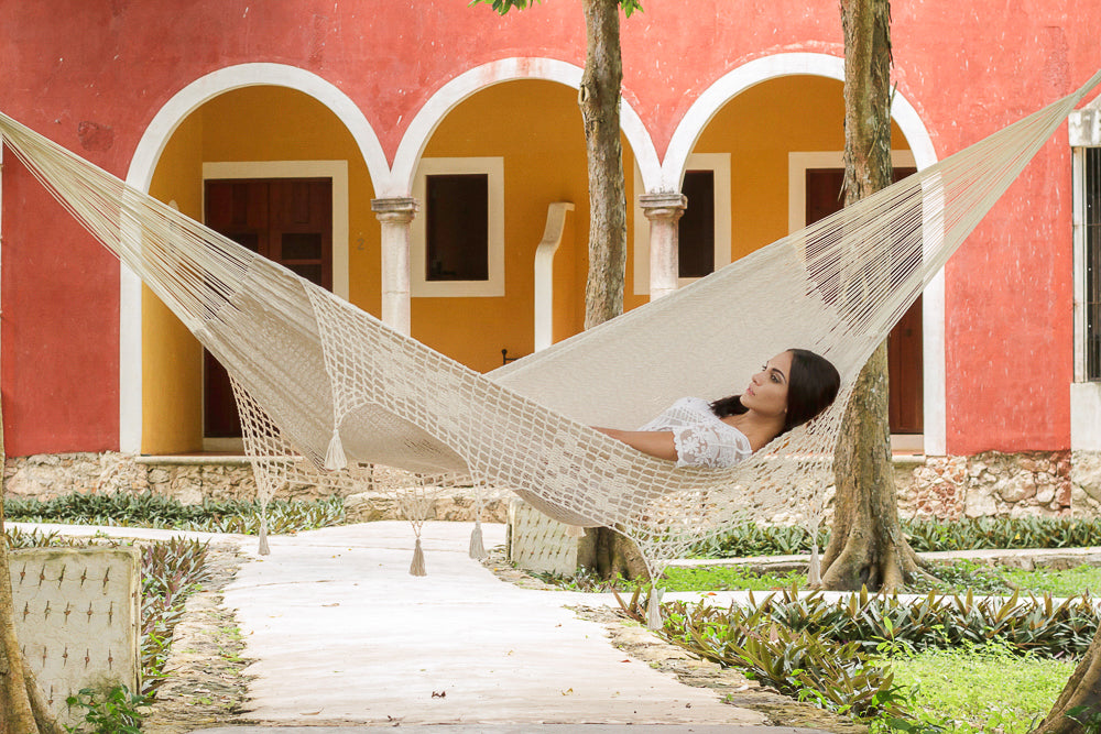 Mayan Legacy King Size Cotton Hammock with Hand-Crocheted Tassels in Marble - Perfect for Outdoor Relaxation