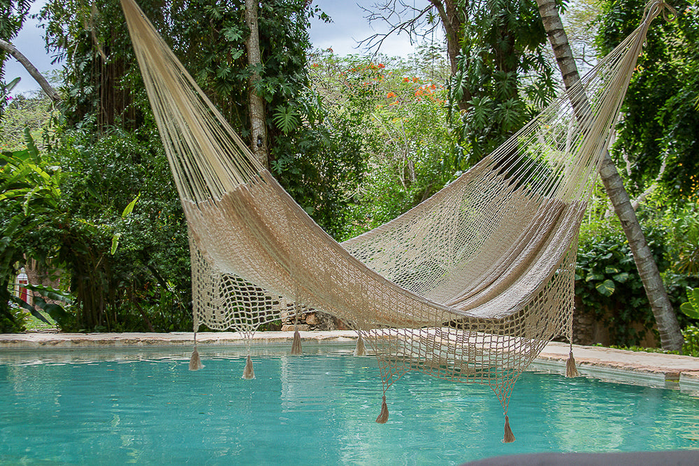 Mayan Legacy King Size Cotton Hammock with Hand-Crocheted Tassels in Marble - Perfect for Outdoor Relaxation