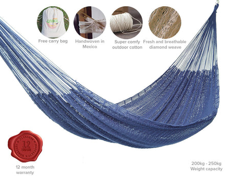 King Size Outdoor Cotton Mayan Hammock in Blue - Supports Up to 3 Adults