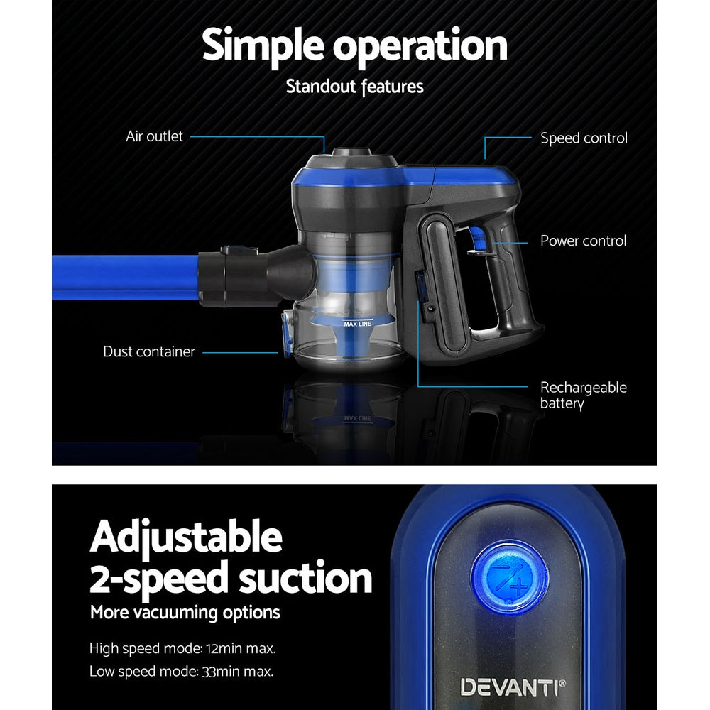 Devanti Cordless Brushless Stick Vacuum Cleaner 250W - Blue