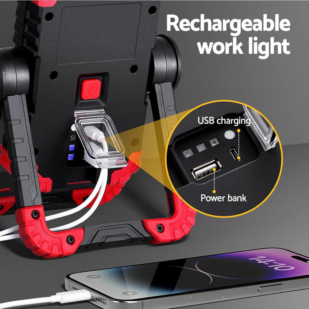 Giantz Portable LED Work Light - Rechargeable Cordless Torch with 360° Rotation and Power Bank功能