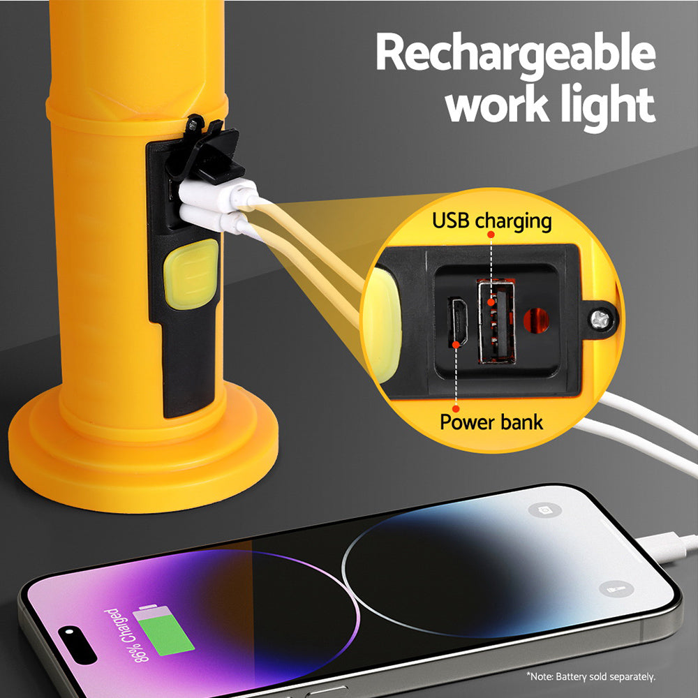 Giantz Rechargeable LED Work Light with USB Charging, Magnetic Hook, and 90° Rotation