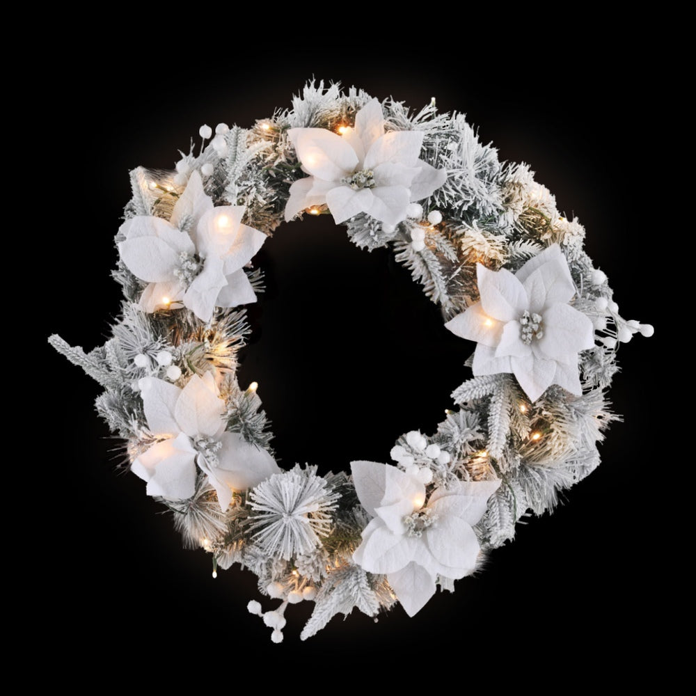 Jingle Jollys 60cm Pre-Lit Christmas Wreath with Snow-Flocked Design and LED Lights