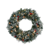 Jingle Jollys 60cm Illuminated Snow-Frosted Christmas Wreath with Red Berry Accents