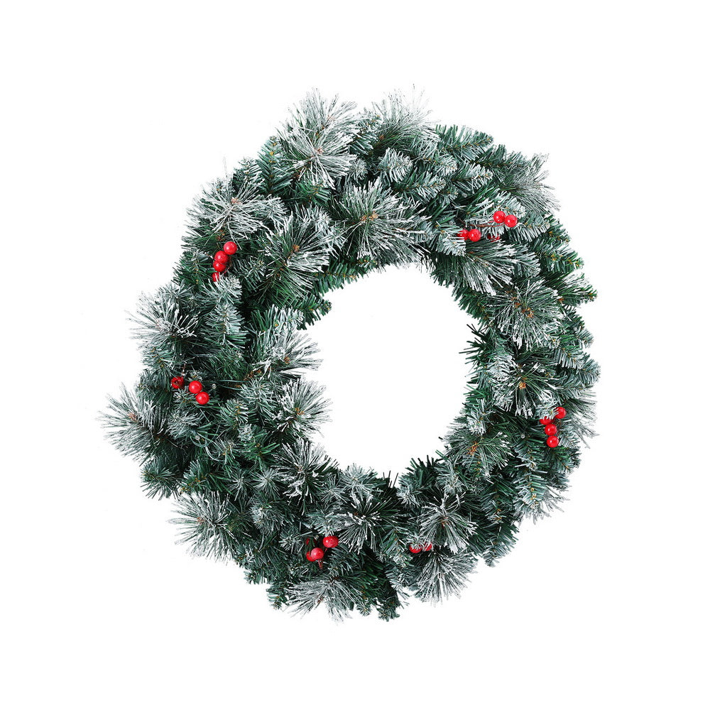 Jingle Jollys 60cm Illuminated Snow-Frosted Christmas Wreath with Red Berry Accents