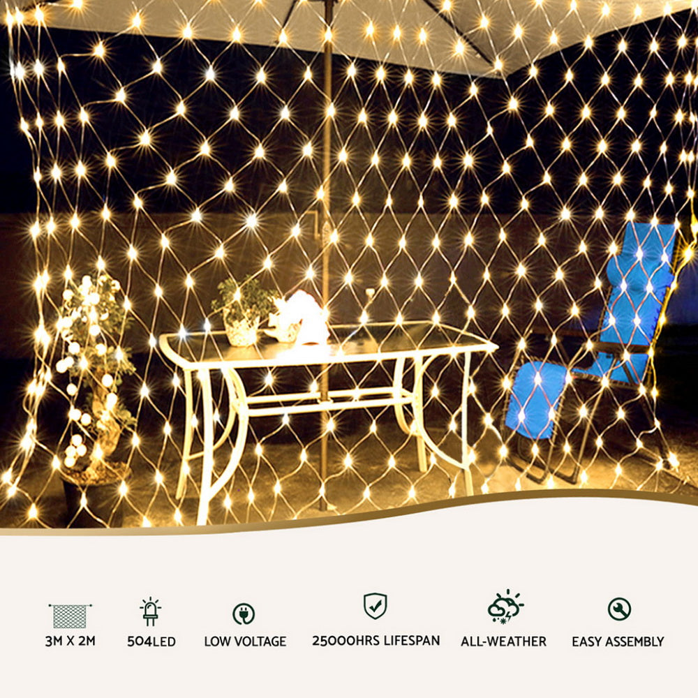 Magical 3Mx2M Warm White LED Net Fairy Lights - 504 Bulbs, 8 Modes, Solar Powered