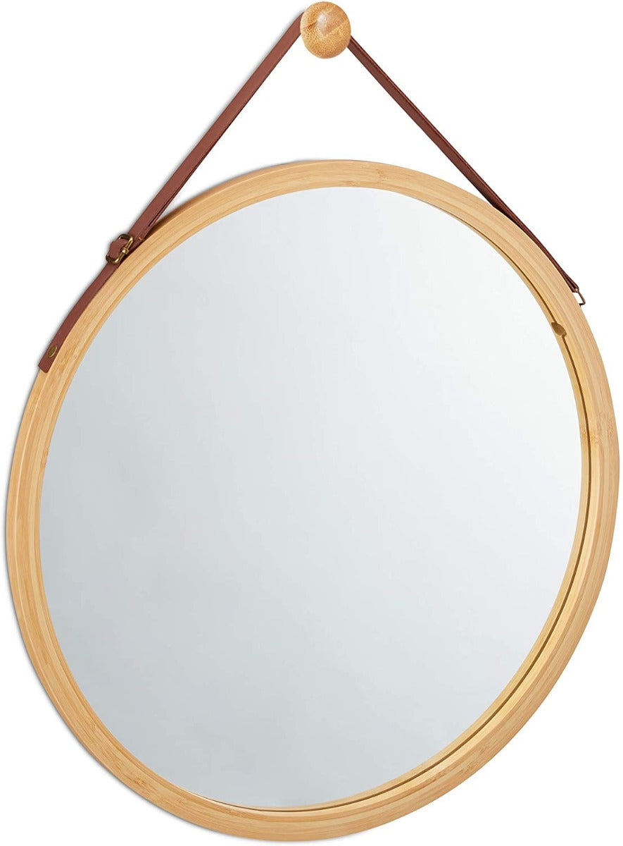 Round Bamboo Wall Mirror with Adjustable Leather Strap - 38 cm Decorative Hanging Mirror for Home, Bathroom, and Bedroom