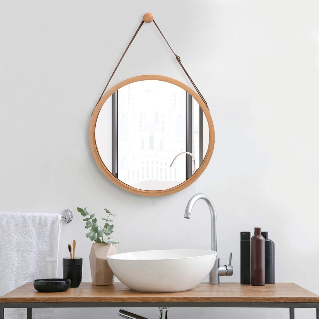 Round Bamboo Wall Mirror with Adjustable Leather Strap - 38 cm Decorative Hanging Mirror for Home, Bathroom, and Bedroom