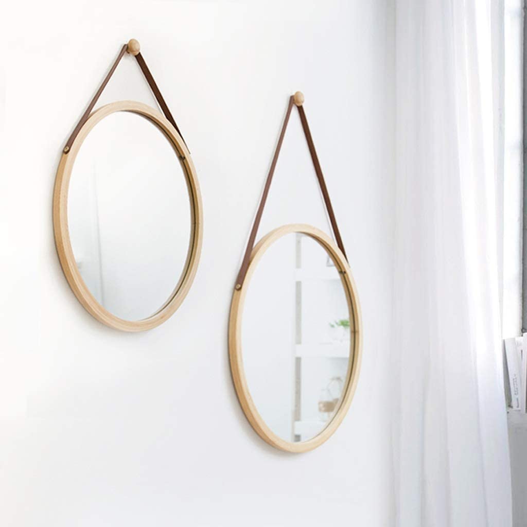 Round Bamboo Wall Mirror with Adjustable Leather Strap - 38 cm Decorative Hanging Mirror for Home, Bathroom, and Bedroom