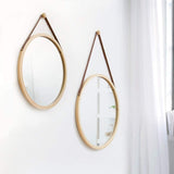 Round Bamboo Wall Mirror with Adjustable Leather Strap - 38 cm Decorative Hanging Mirror for Home, Bathroom, and Bedroom