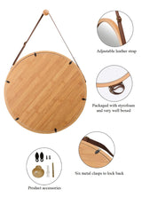 Round Bamboo Wall Mirror with Adjustable Leather Strap - 38 cm Decorative Hanging Mirror for Home, Bathroom, and Bedroom