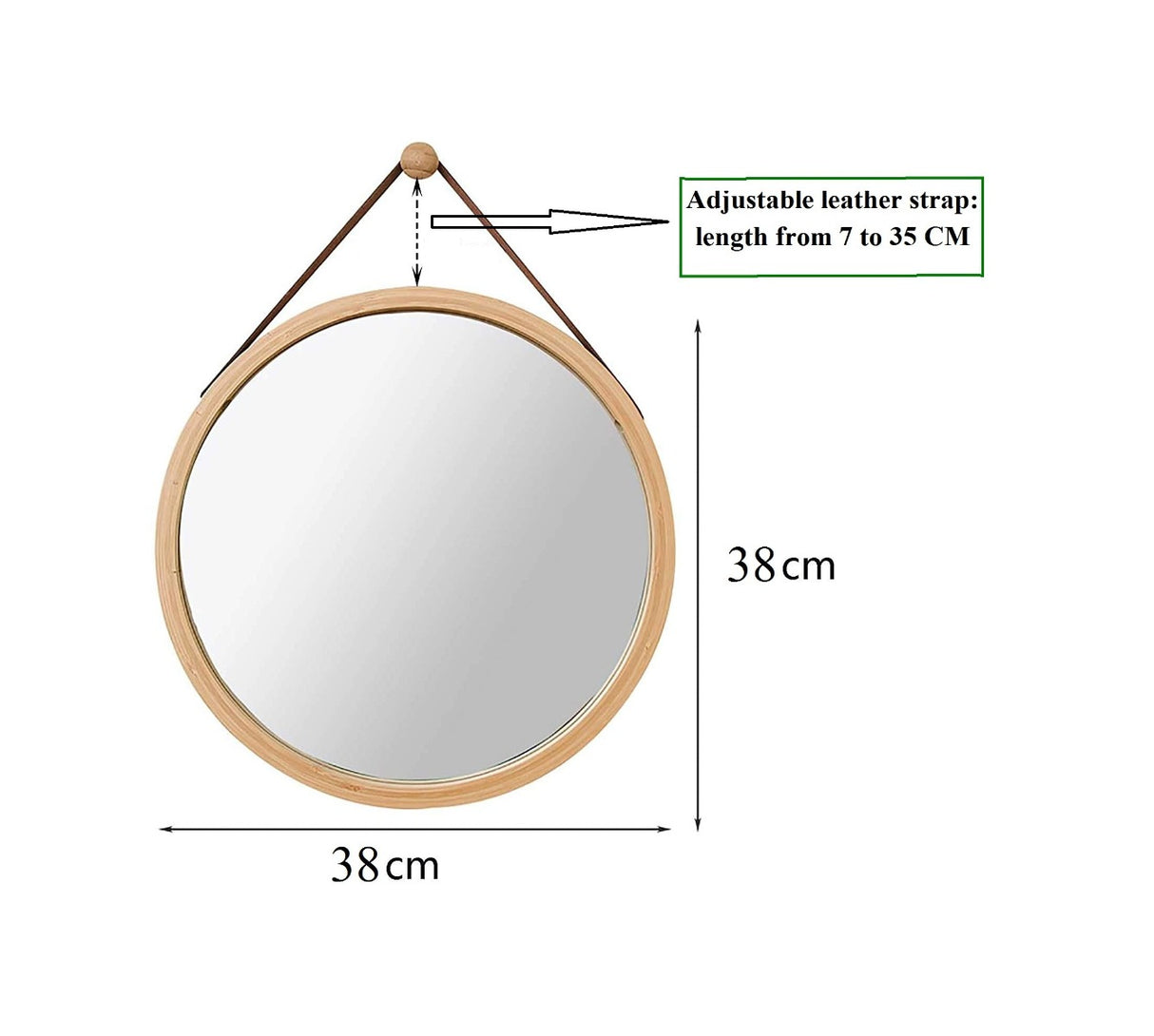 Round Bamboo Wall Mirror with Adjustable Leather Strap - 38 cm Decorative Hanging Mirror for Home, Bathroom, and Bedroom