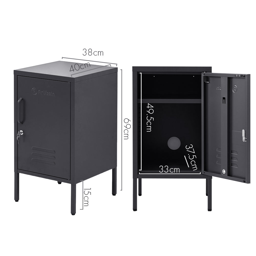 Contemporary Black Metal Storage Locker Cabinet with Adjustable Shelf and Hook