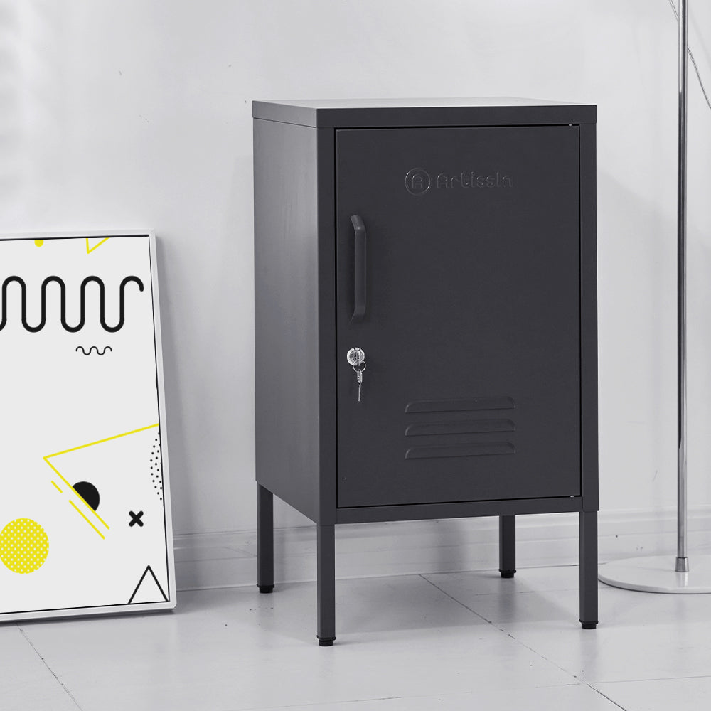 Contemporary Black Metal Storage Locker Cabinet with Adjustable Shelf and Hook