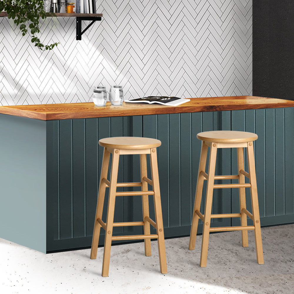 Set of 2 Natural Beech Wood Backless Bar Stools